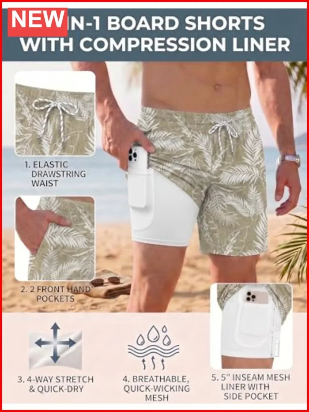 Men's Quick Dry Swim Trunks with Compression Liner 2 in 1 Board Shorts